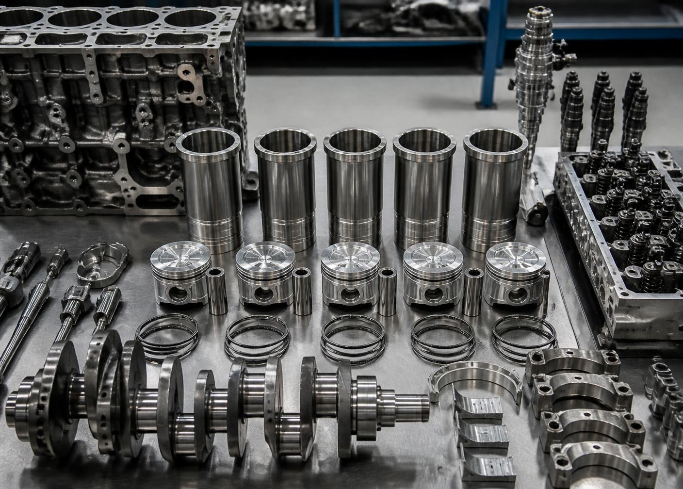 Diesel engine pistons, liners, crankshaft and bearings laid out in a rebuild shop