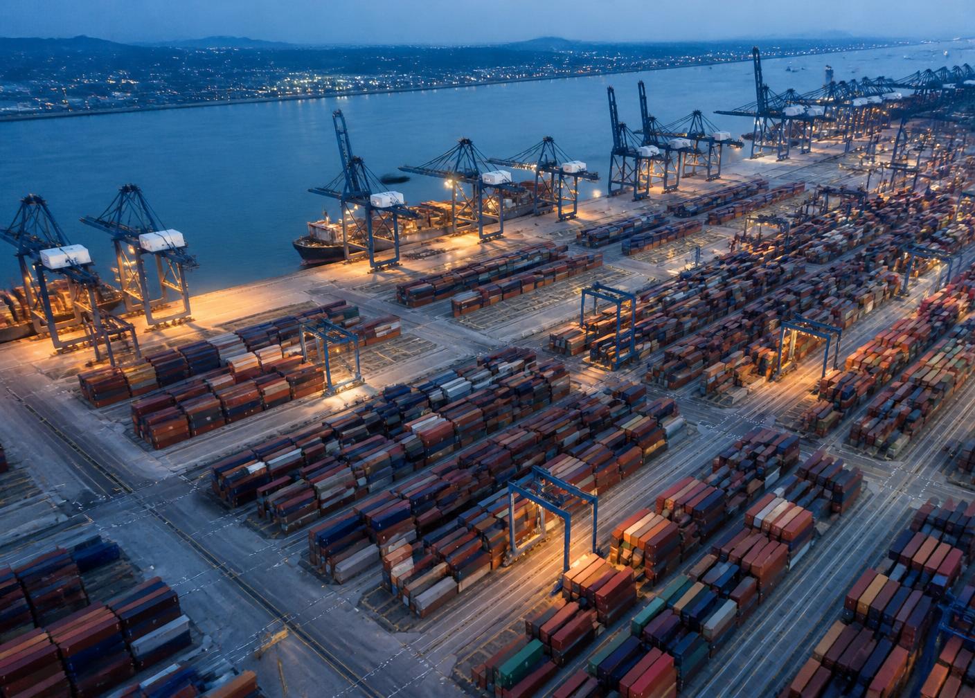 Container terminal at dusk with gantry cranes and stacked shipping containers