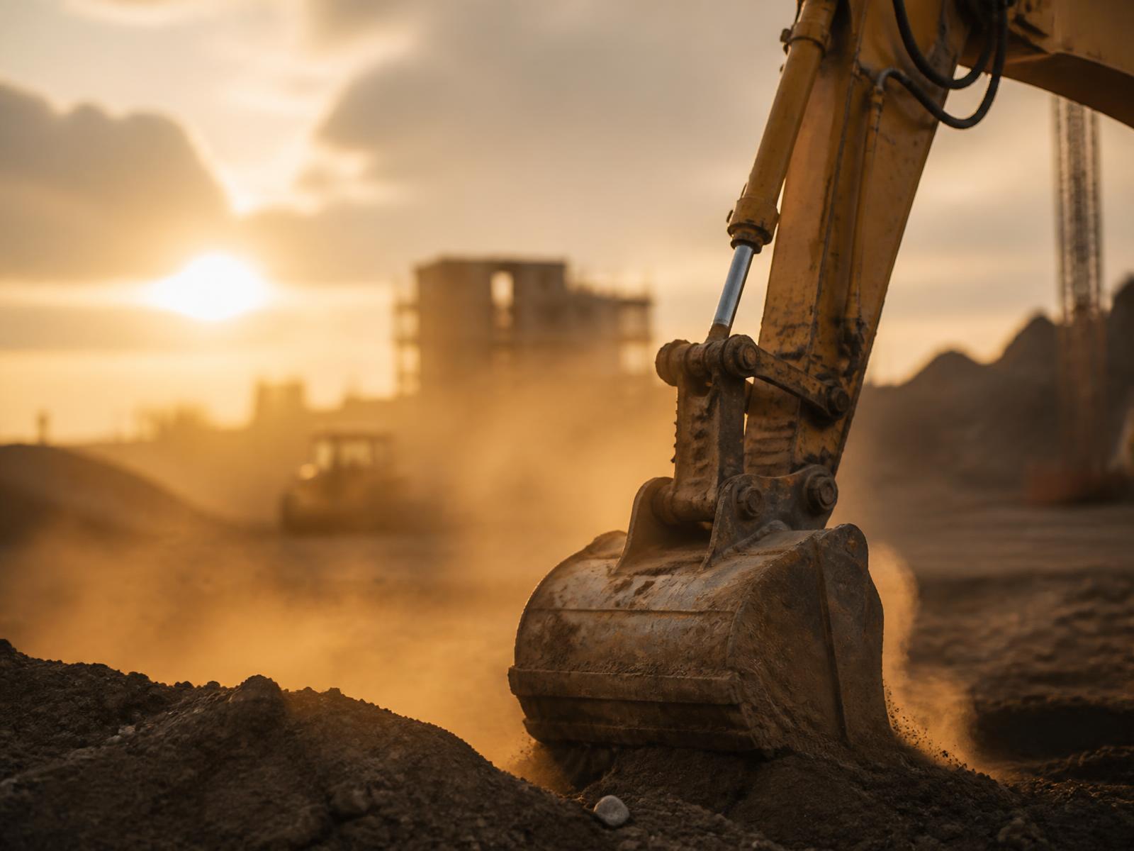 Hydraulic excavator working at a construction site at golden hour